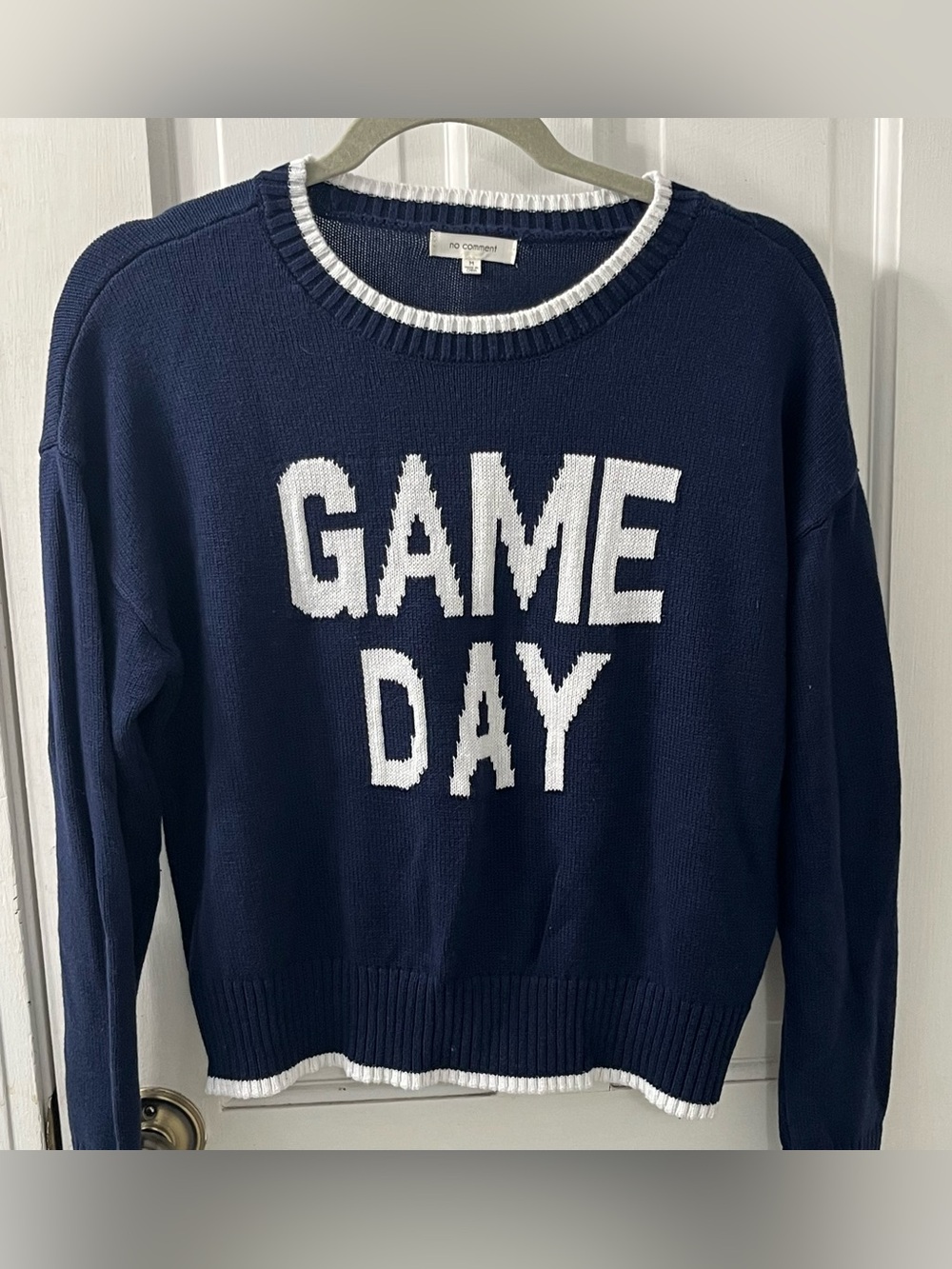 No Comment Game Day Knit Sweater Navy Blue White Varsity Ribbed Crewneck Size M